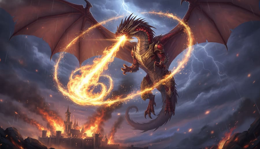 Dragon rouge et or crachant un torrent de feu en spirale