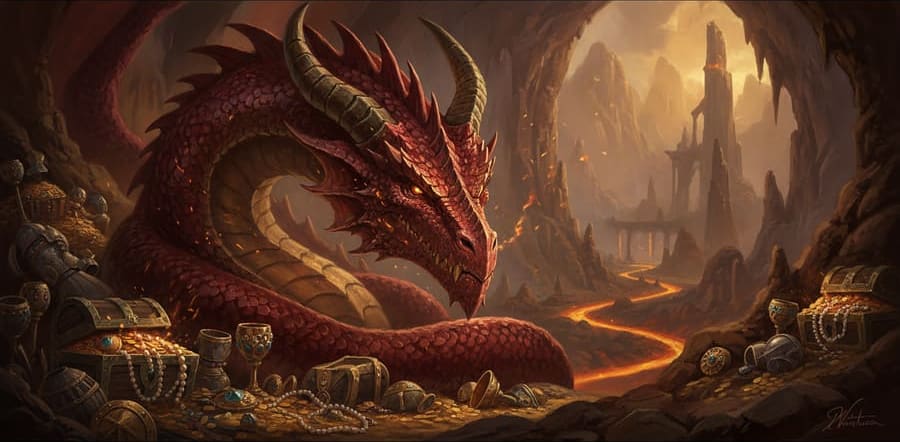 Dragon rouge et or lové sur un trésor dans une caverne