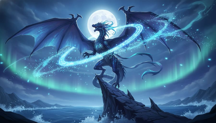 Dragonne saphir et opale déployant ses ailes sur un pic au clair de lune