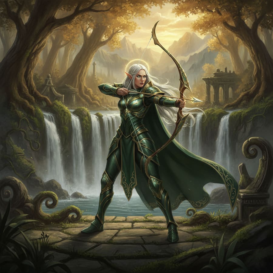 Archère haute-elfe en armure verte et or dans une forêt ancienne