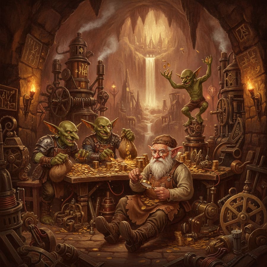 Gobelins et gnome bricoleur comptant des pièces dans un atelier troglodyte