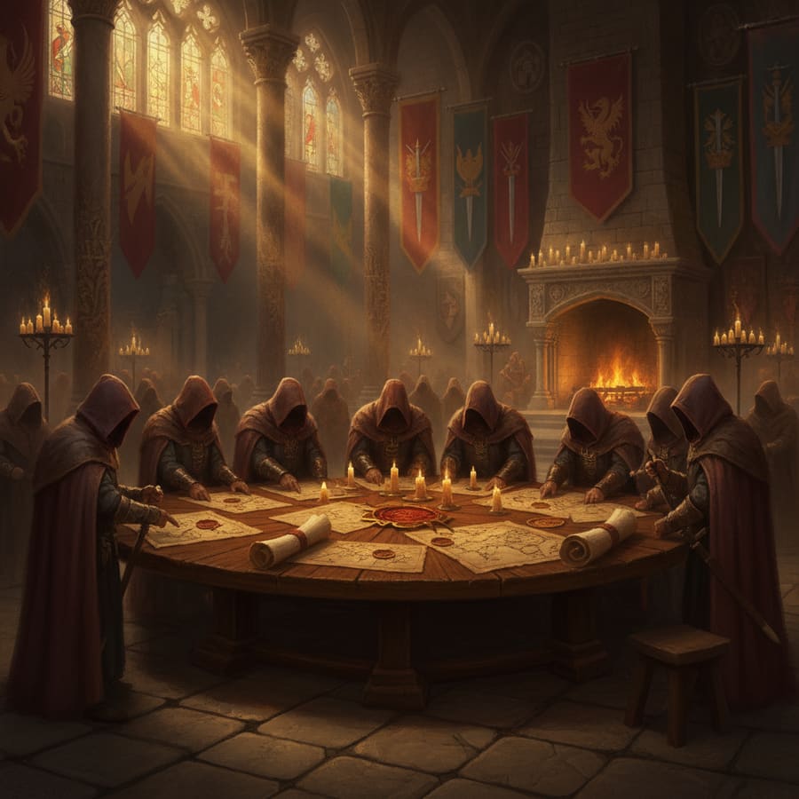 Maîtres de guilde encapuchonnés autour d'une table dans une salle médiévale