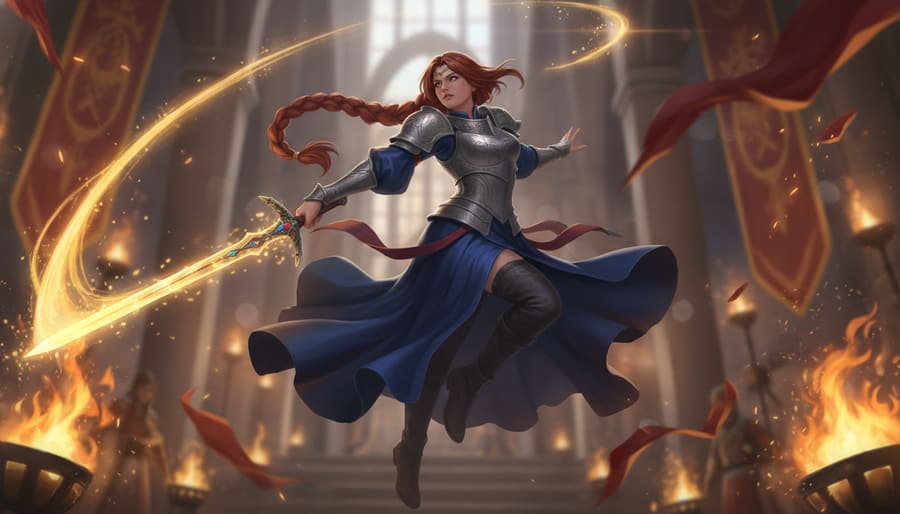 Noble guerrière humaine en plastron d'acier sur robe de cour bleue, grande salle aux bannières