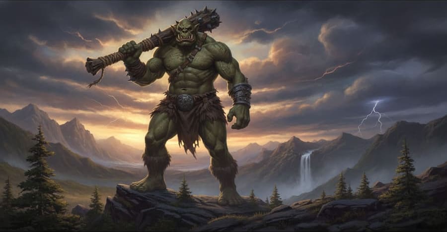Ogre colossal à la massue traversant des hautes terres rocheuses