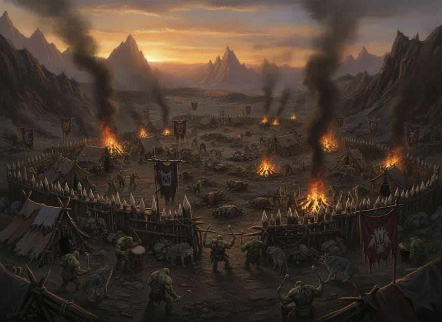 Camp de guerre orc au crépuscule, palissades, bannières tribales et feux
